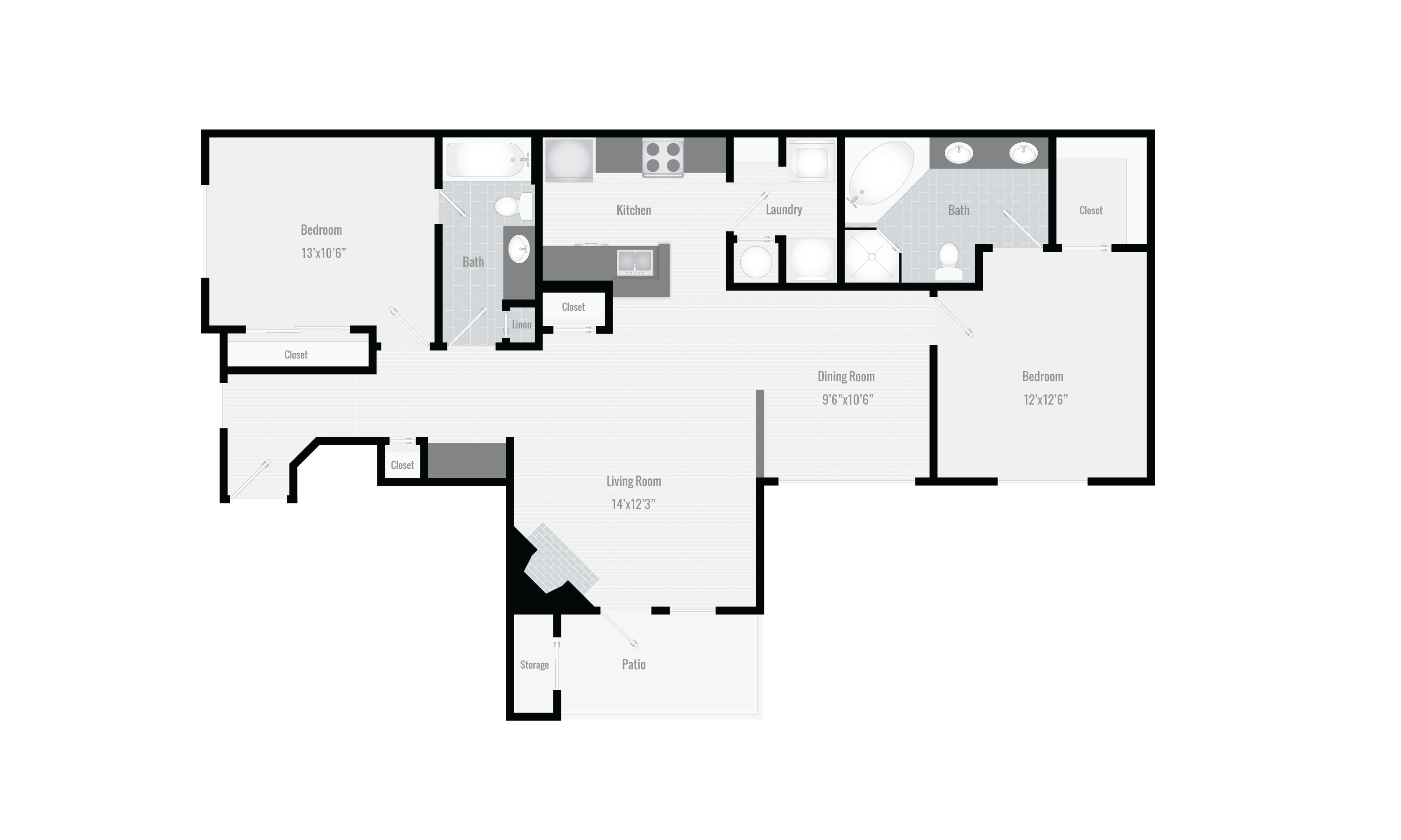 Floor plan for 2 beds, 2 baths, 1210 sqft